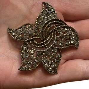 Vintage Kramer of New York Brass Colored Clear Rhinestone Brooch